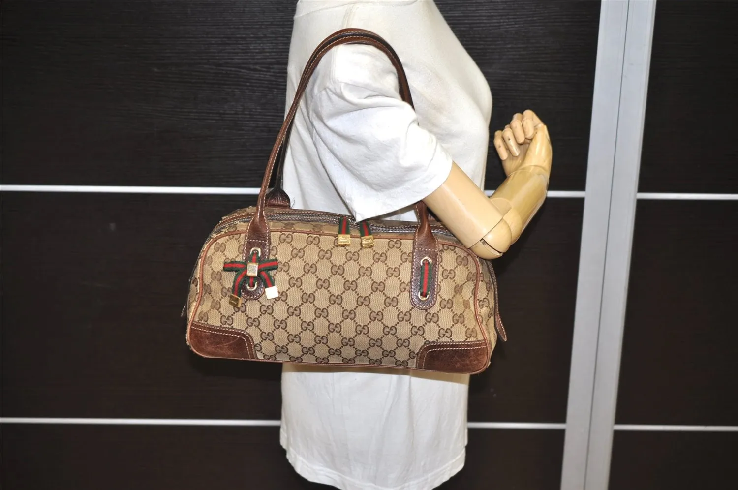 Auth GUCCI Web Sherry Line Princy Shoulder Bag GG Canvas Leather Brown 0362K