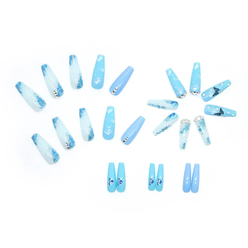 BerriesJam - 2024 Sky Blue Butterfly Shiny Diamonds Wear Nails