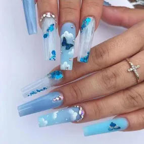 BerriesJam - 2024 Sky Blue Butterfly Shiny Diamonds Wear Nails