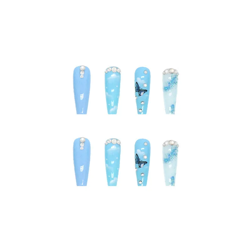 BerriesJam - 2024 Sky Blue Butterfly Shiny Diamonds Wear Nails