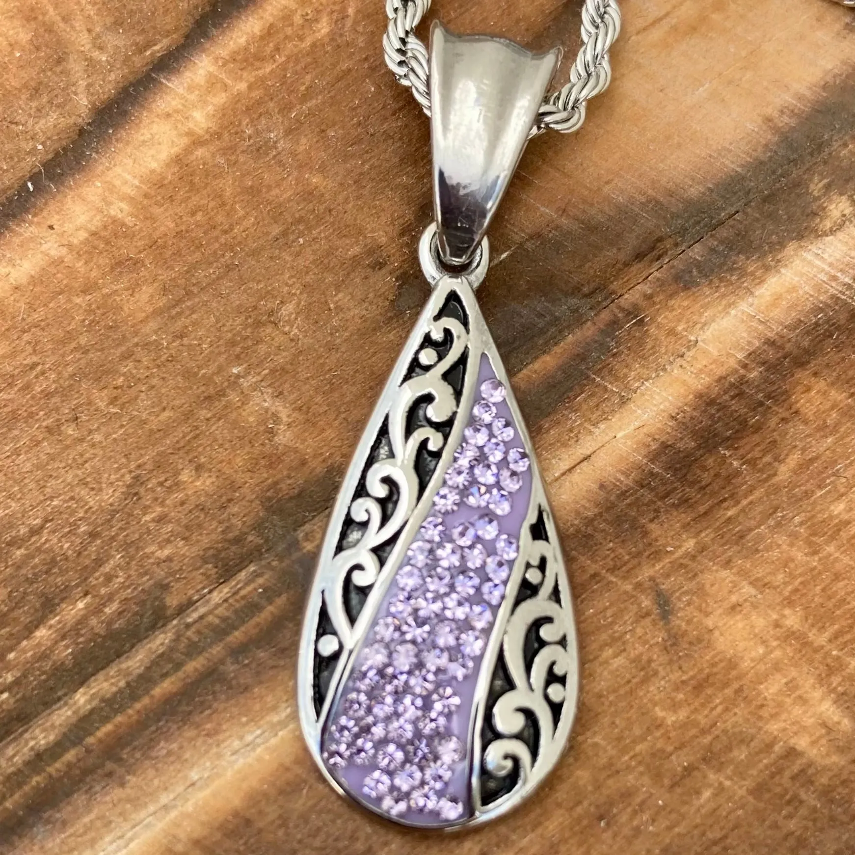 Crystal Teardrop - Purple - Mini Pendant - Rope Necklace - AJ06M