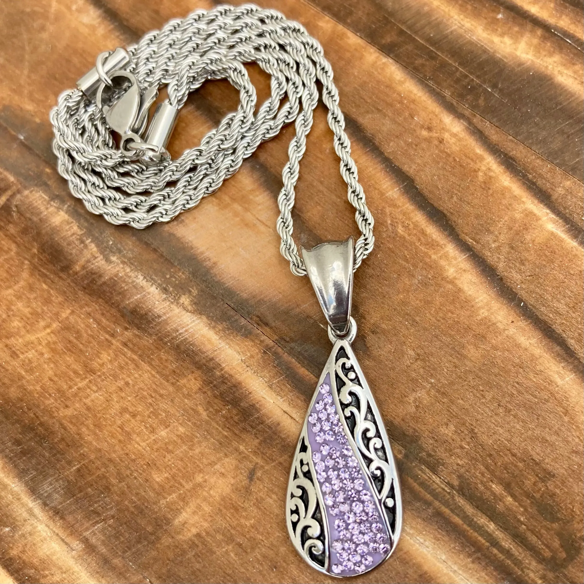 Crystal Teardrop - Purple - Mini Pendant - Rope Necklace - AJ06M