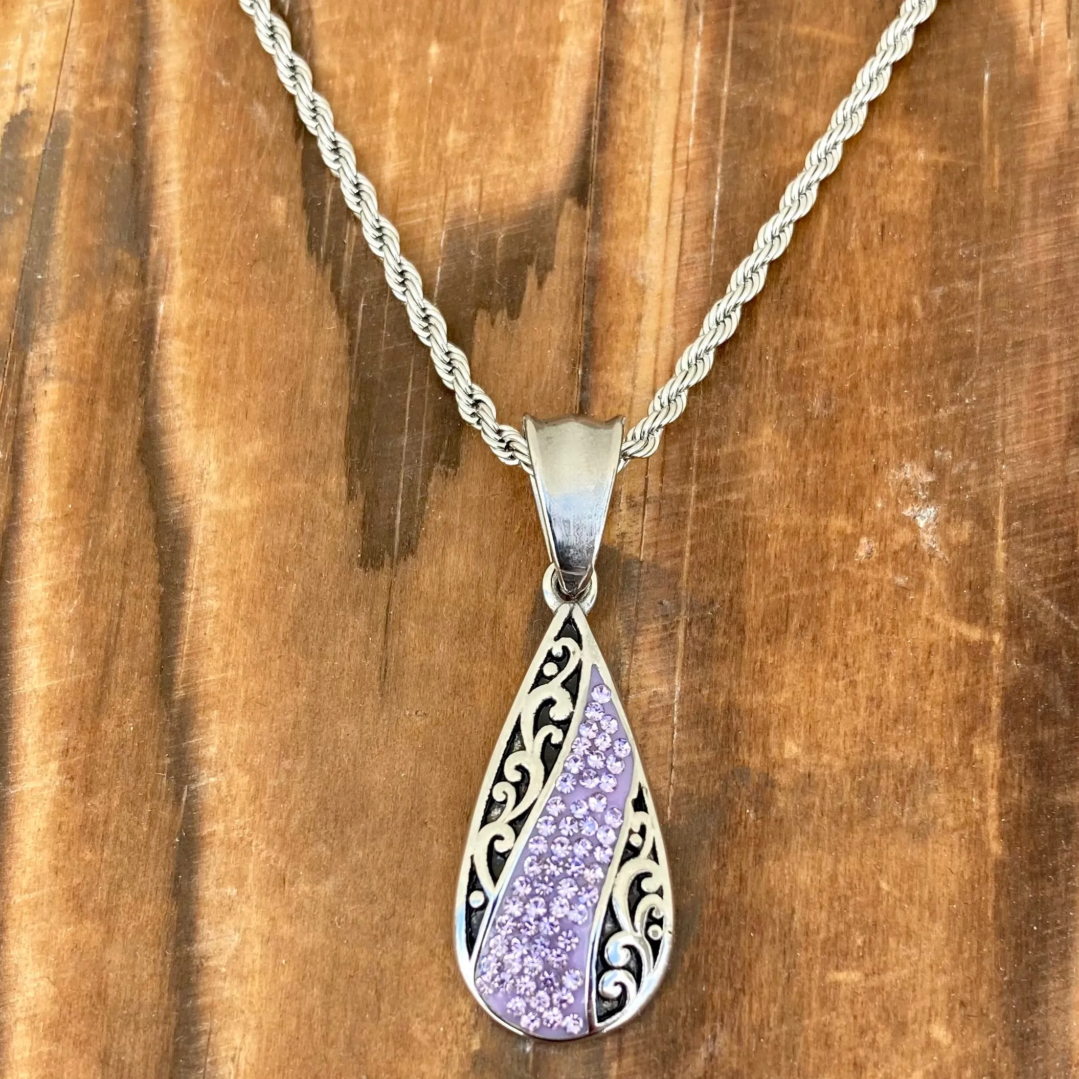 Crystal Teardrop - Purple - Mini Pendant - Rope Necklace - AJ06M