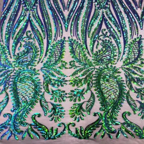 Green Iridescent Nebill Stretch Sequins Lace Fabric