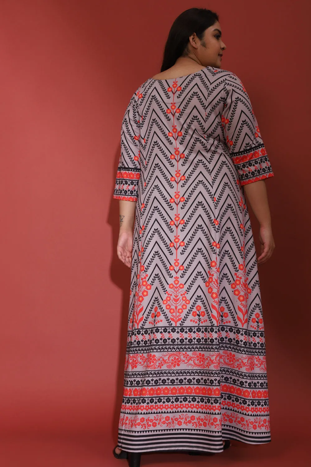 Grey Red Alaoka Printed Dress