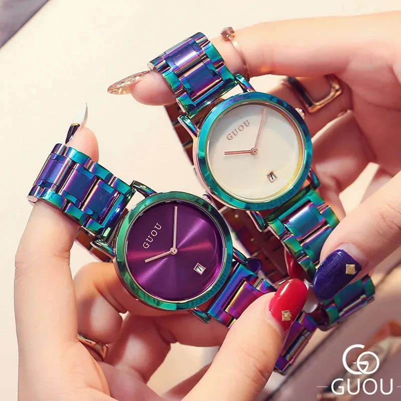 GUOU Luxury Women's Watches Stainless Steel Colorful straps Purple Women Watches Fashion Ladies watch reloj mujer zegarek damski