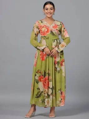 Juniper  Green Floral Printed Georgette Lacy Maxi Dress