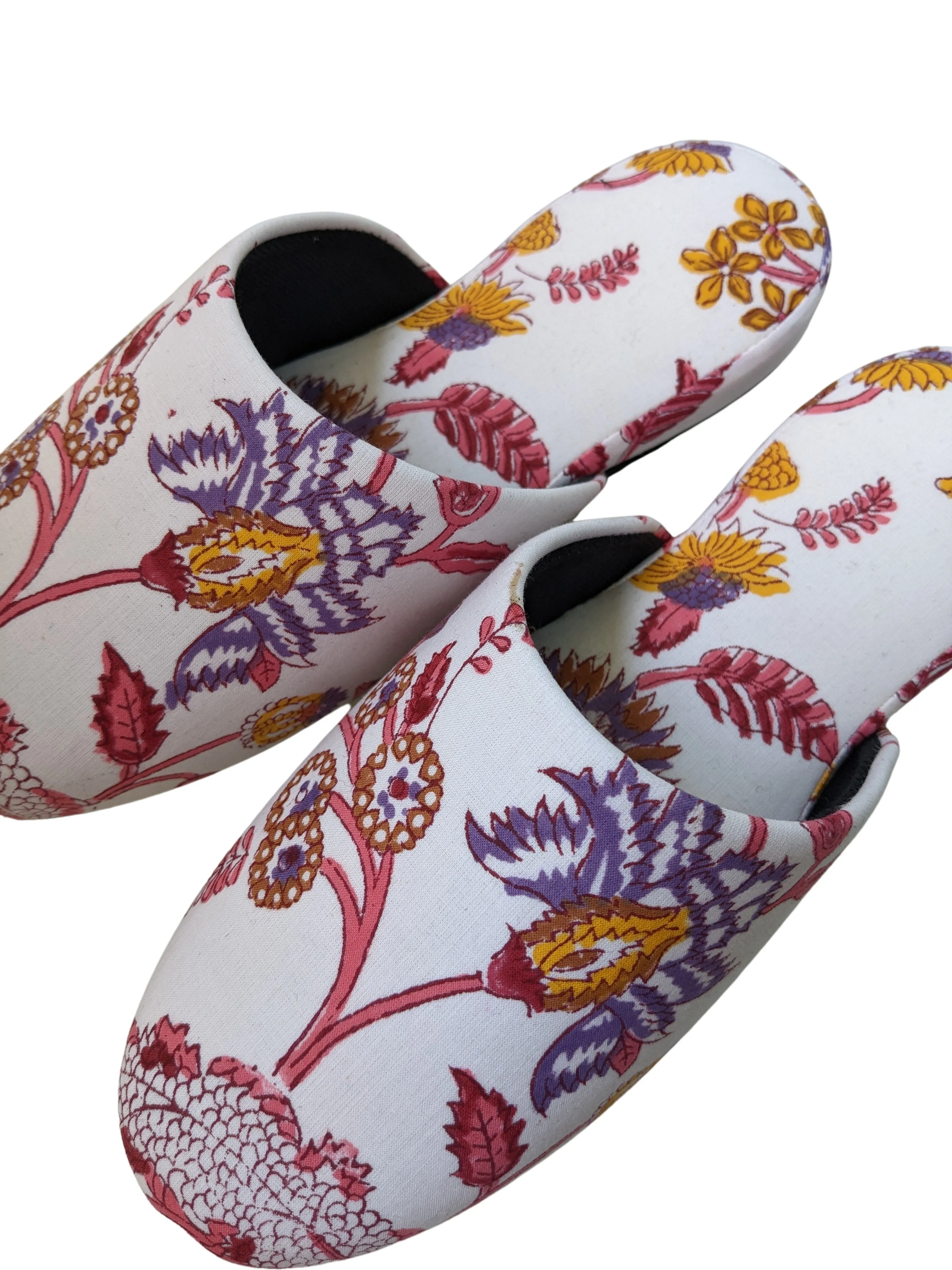 Large Block Printing Flowers Mix Slippers [Black wool felt soles] LF2205 [Size Large] HanaSHI