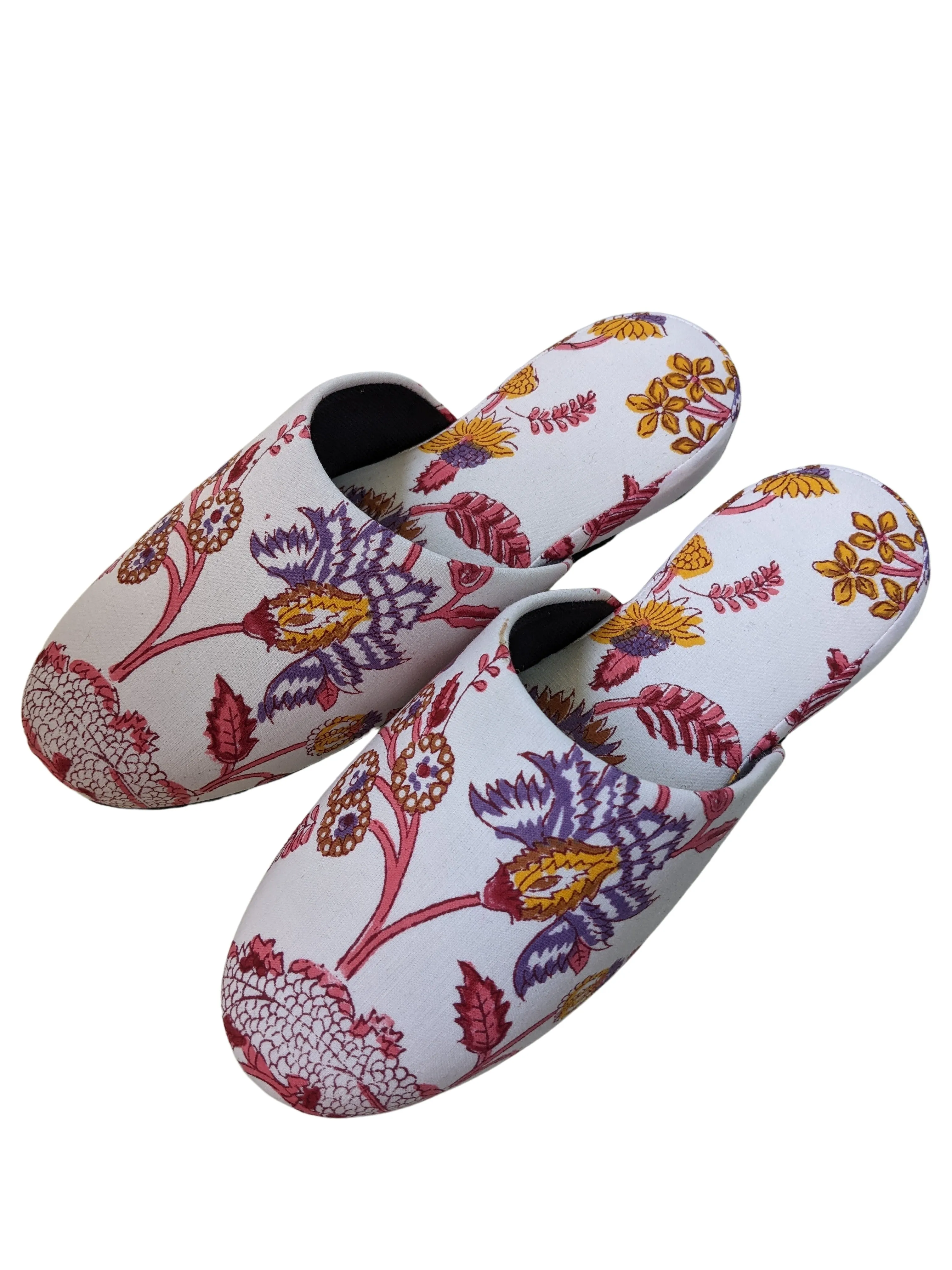 Large Block Printing Flowers Mix Slippers [Black wool felt soles] LF2205 [Size Large] HanaSHI