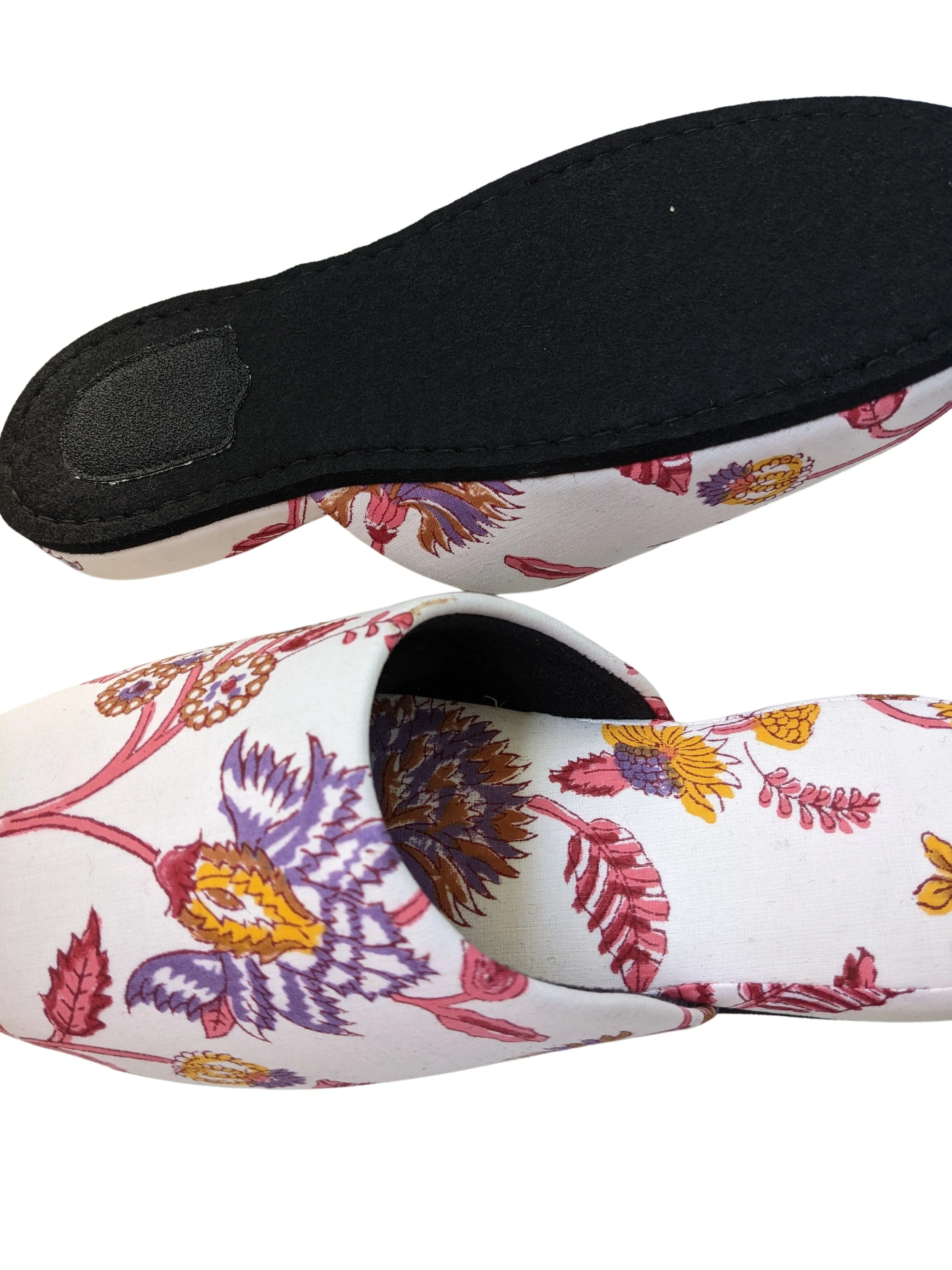 Large Block Printing Flowers Mix Slippers [Black wool felt soles] LF2205 [Size Large] HanaSHI