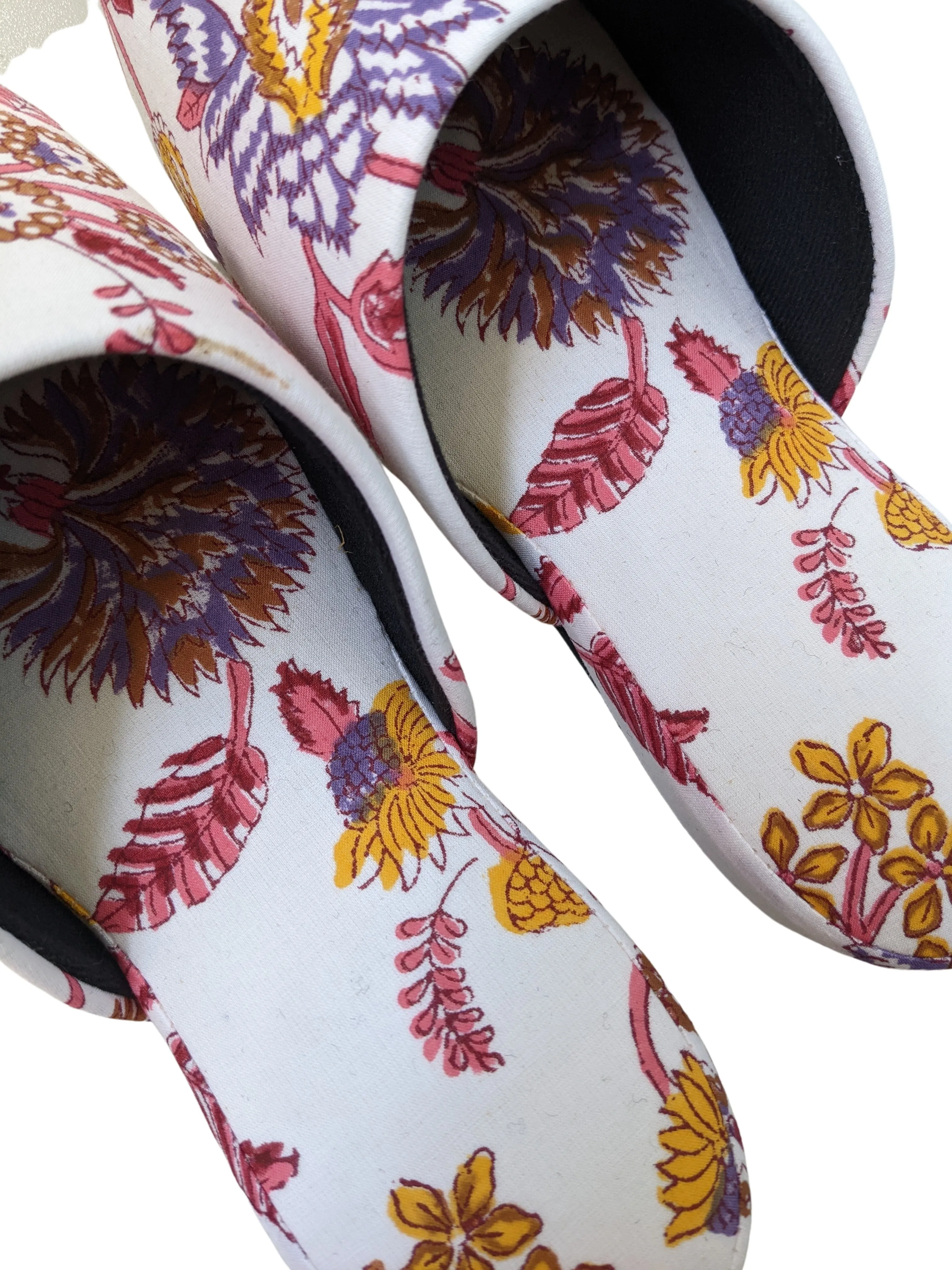 Large Block Printing Flowers Mix Slippers [Black wool felt soles] LF2205 [Size Large] HanaSHI