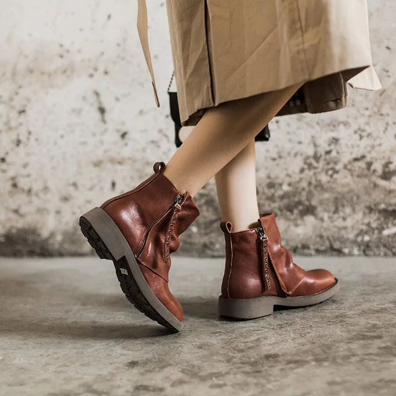 Leather Zip Boots Retro Women Chunky Wrinkled Ankle Boots Black/Coffee/Brown