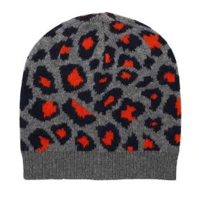 Leopard Cashmere Knitted Beanie - Grey/Navy/Orange