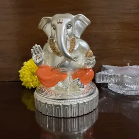 Lord Ganesh Idol Orange - Porcelain With Silver Statue - Decorative Home Decor