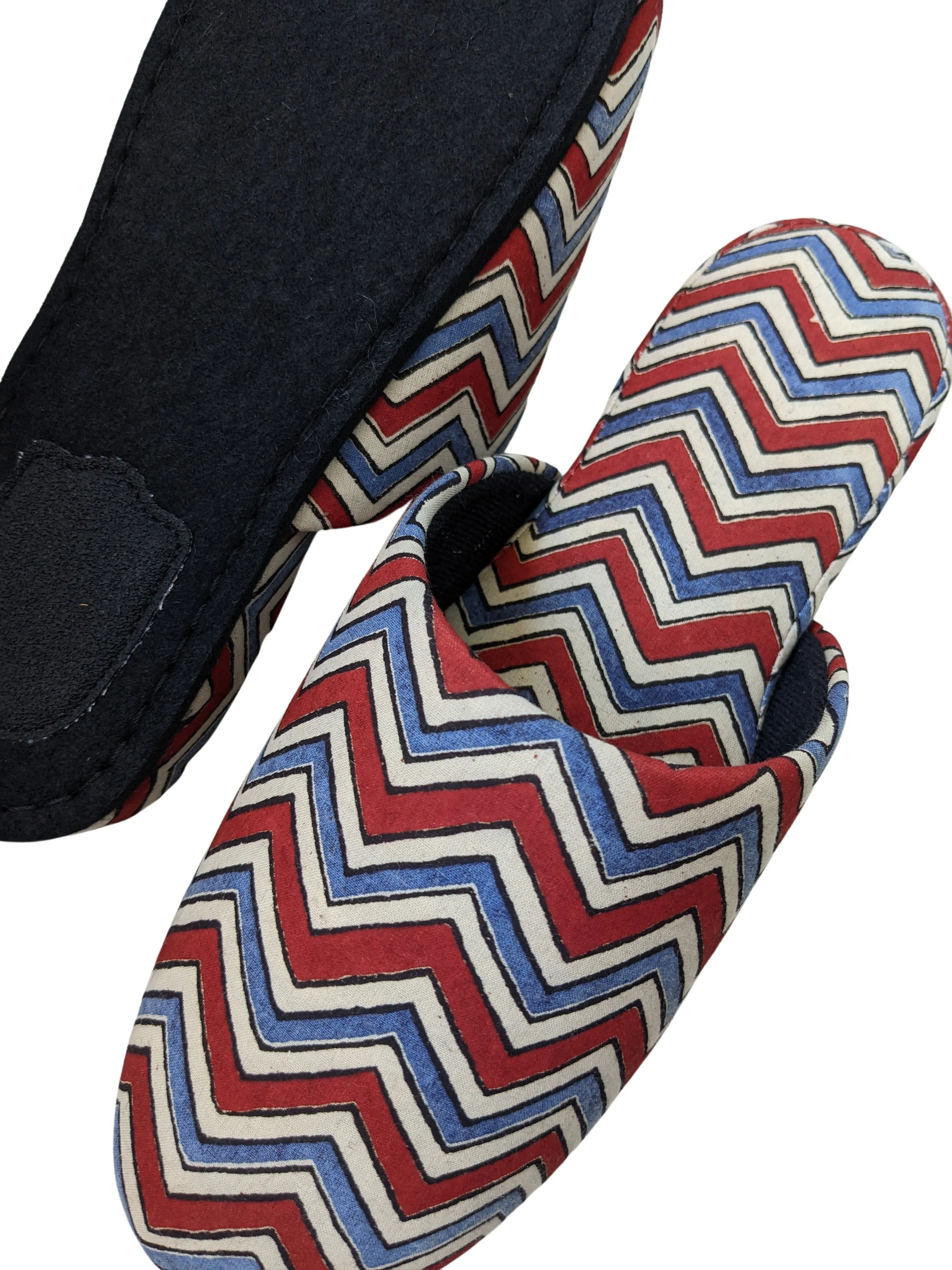 Medium Block Printing Flowers Mix Slippers [Black wool felt soles] MF2208 [Size Medium] zigzag