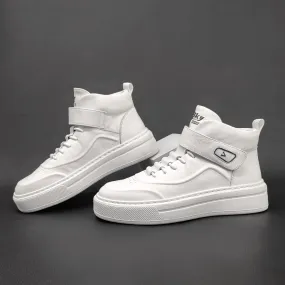 Men Minimalist Pure White High Top Leather Casual Shoes