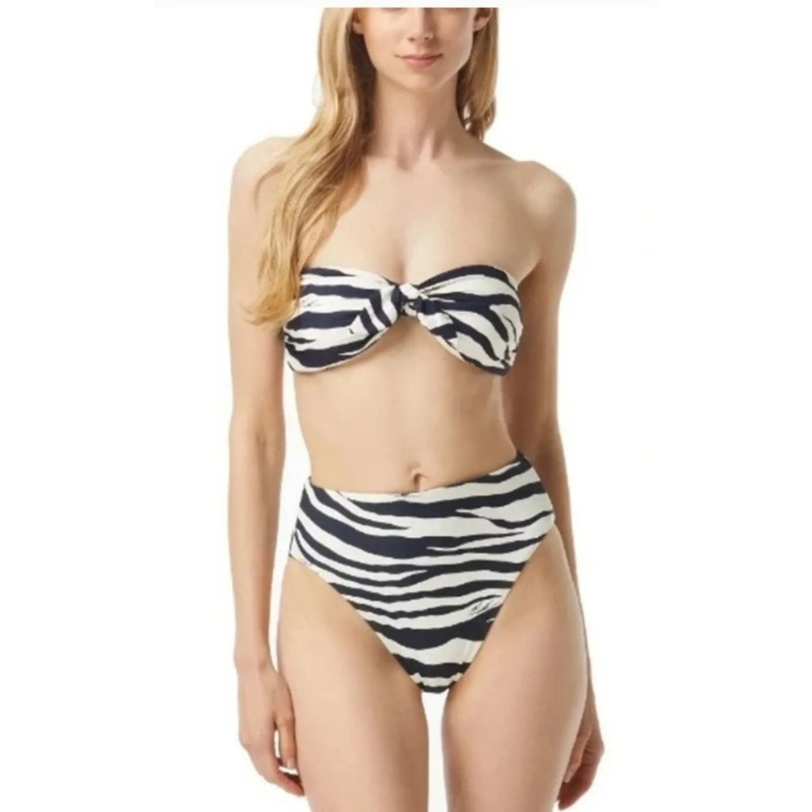 MICHAEL Michael Kors Tie Front Bandeau Bikini Top - Navy Zebra