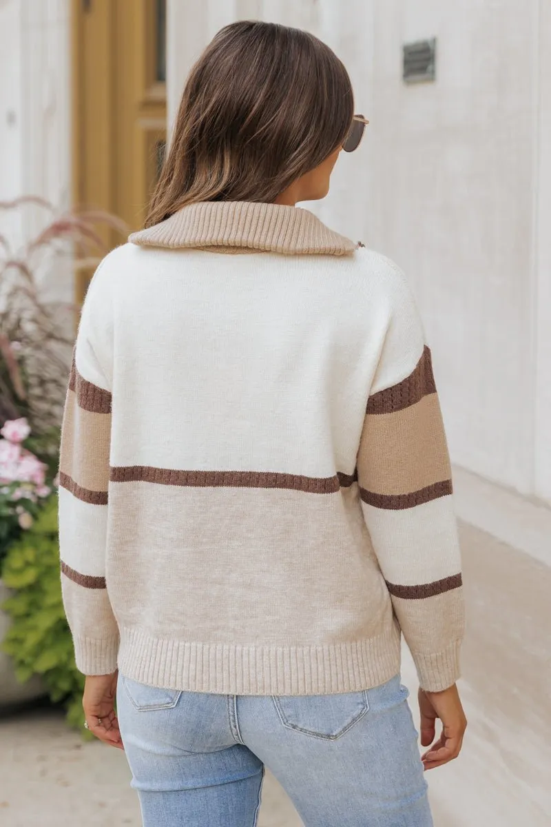 Mocha Color Block Zip Up Sweater