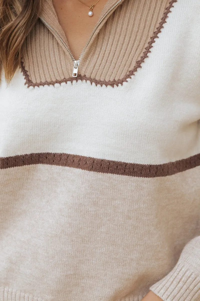 Mocha Color Block Zip Up Sweater