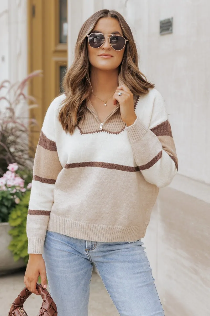 Mocha Color Block Zip Up Sweater