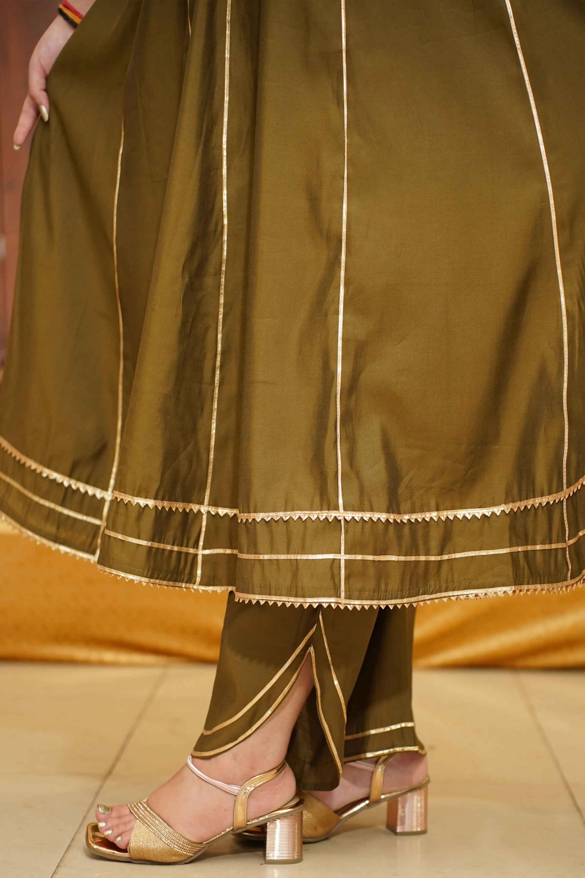 Olive Green Foiled Anarkali Set