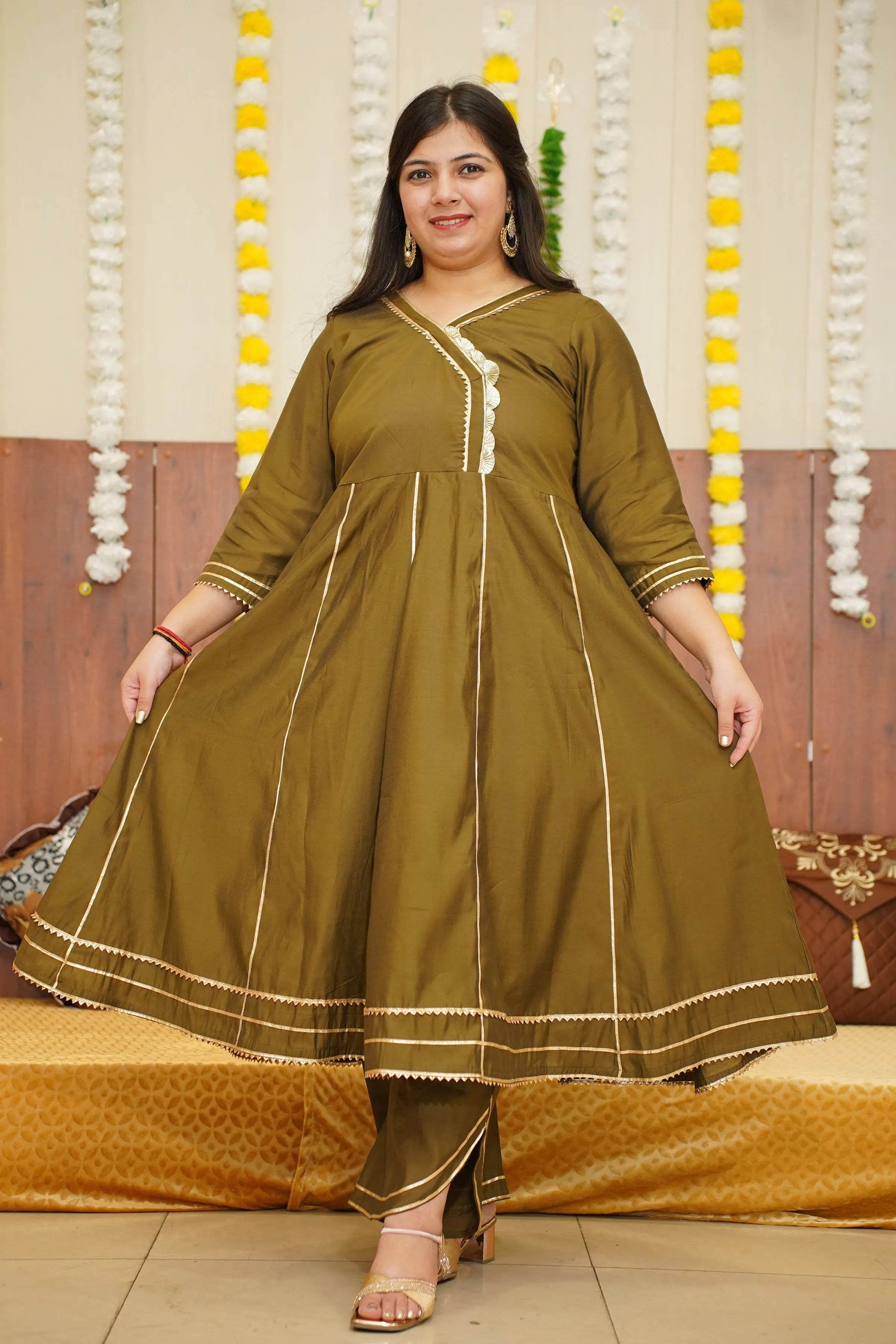 Olive Green Foiled Anarkali Set