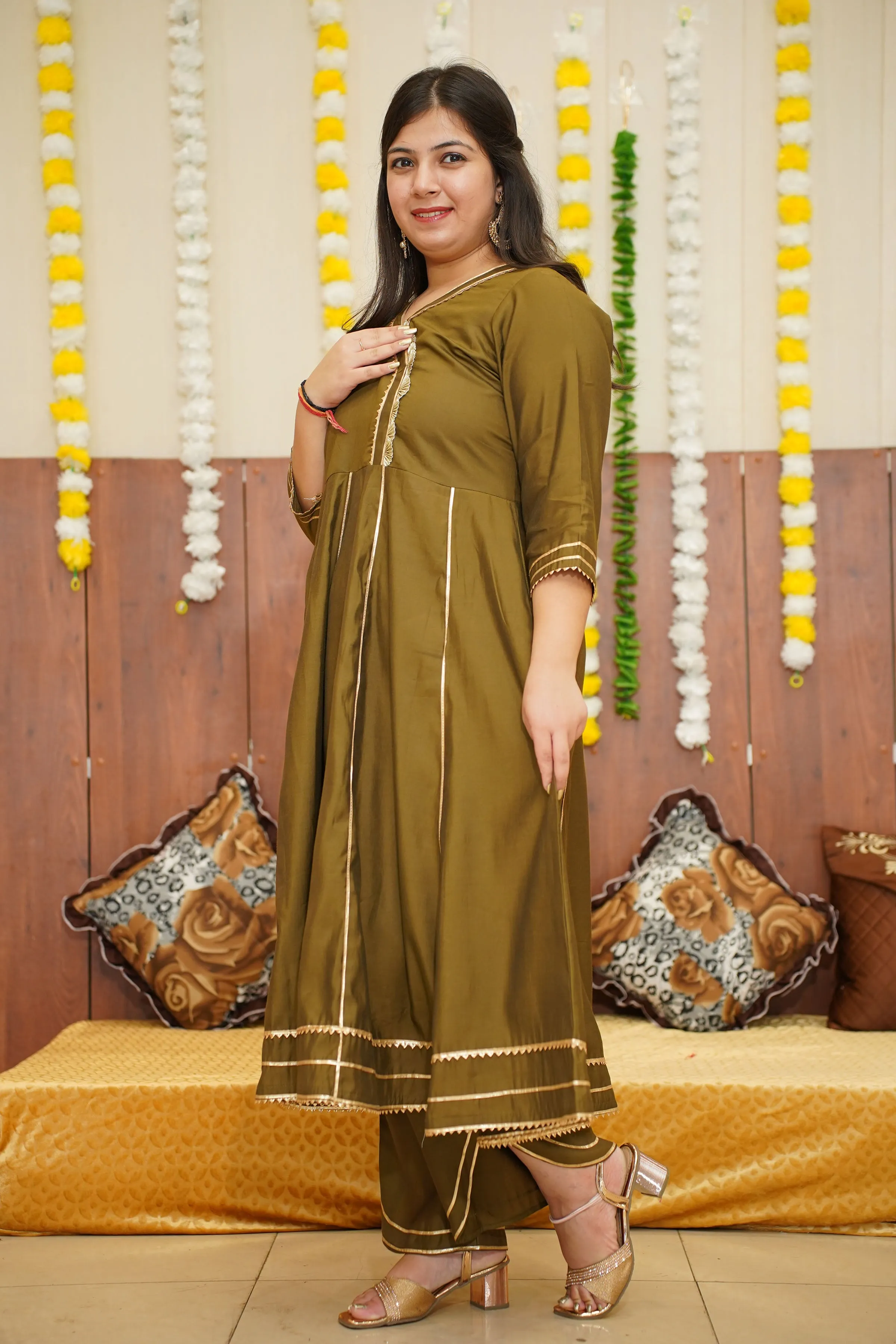 Olive Green Foiled Anarkali Set