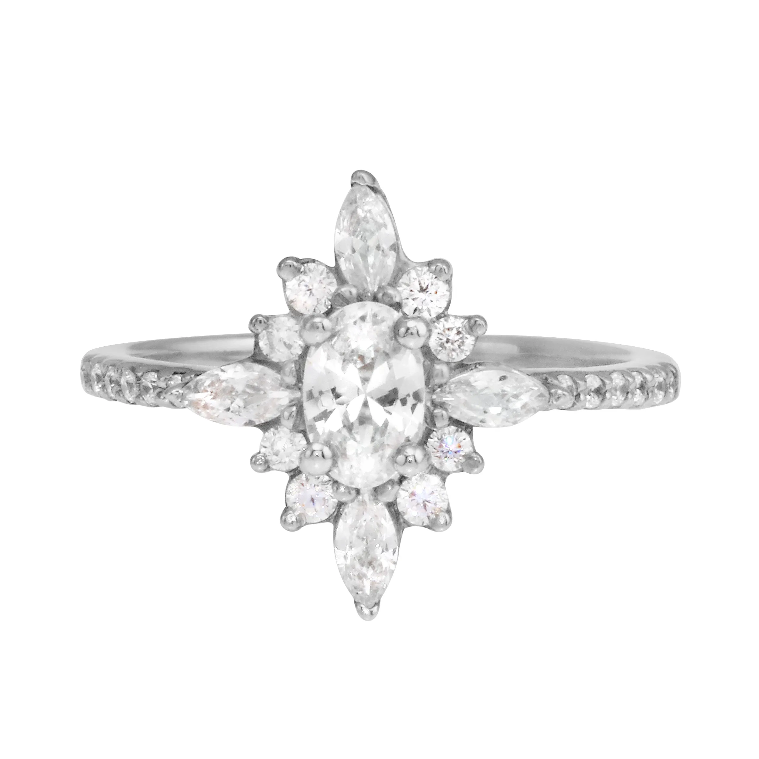 Oval Diamond and Starburst Flower Halo Engagement Ring