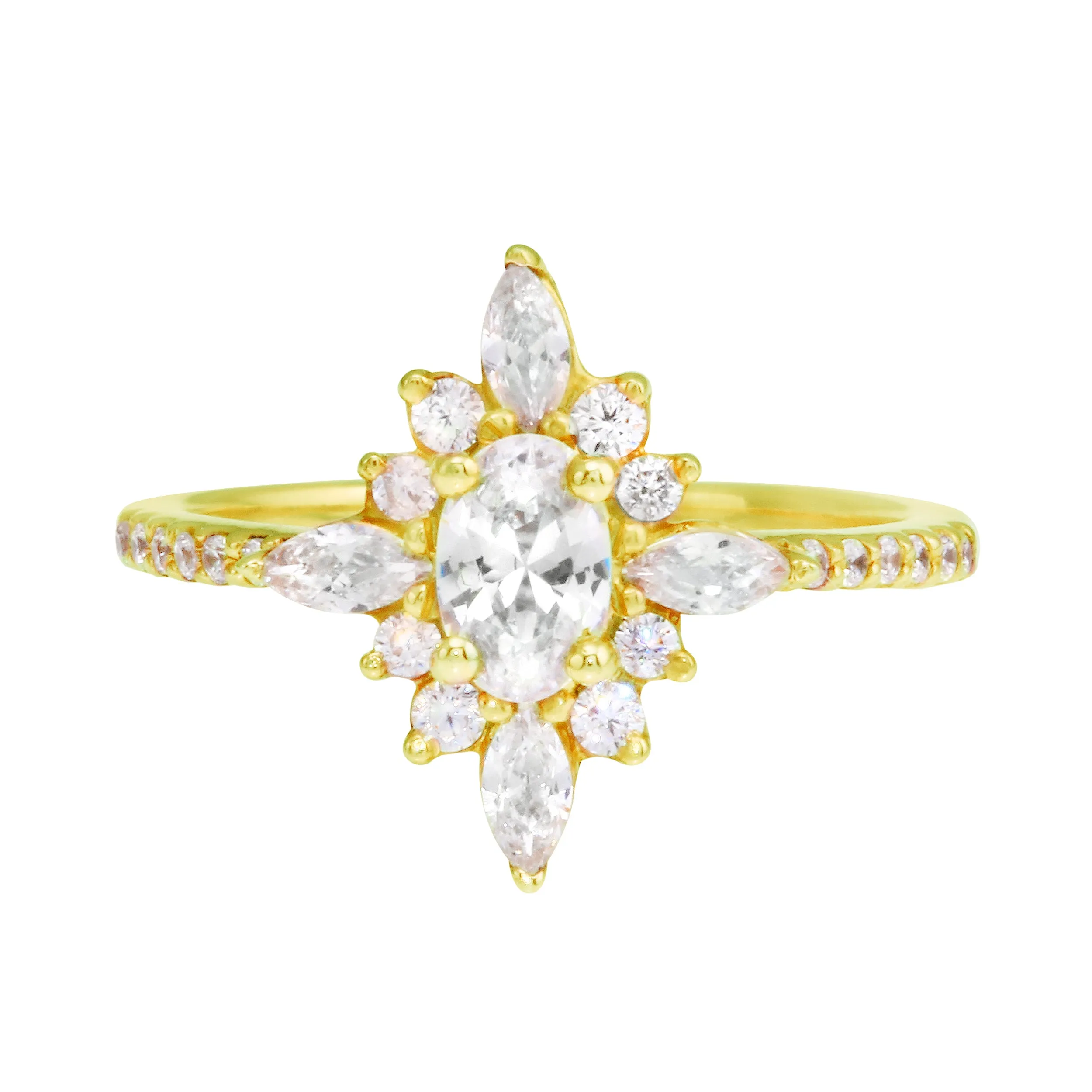 Oval Diamond and Starburst Flower Halo Engagement Ring