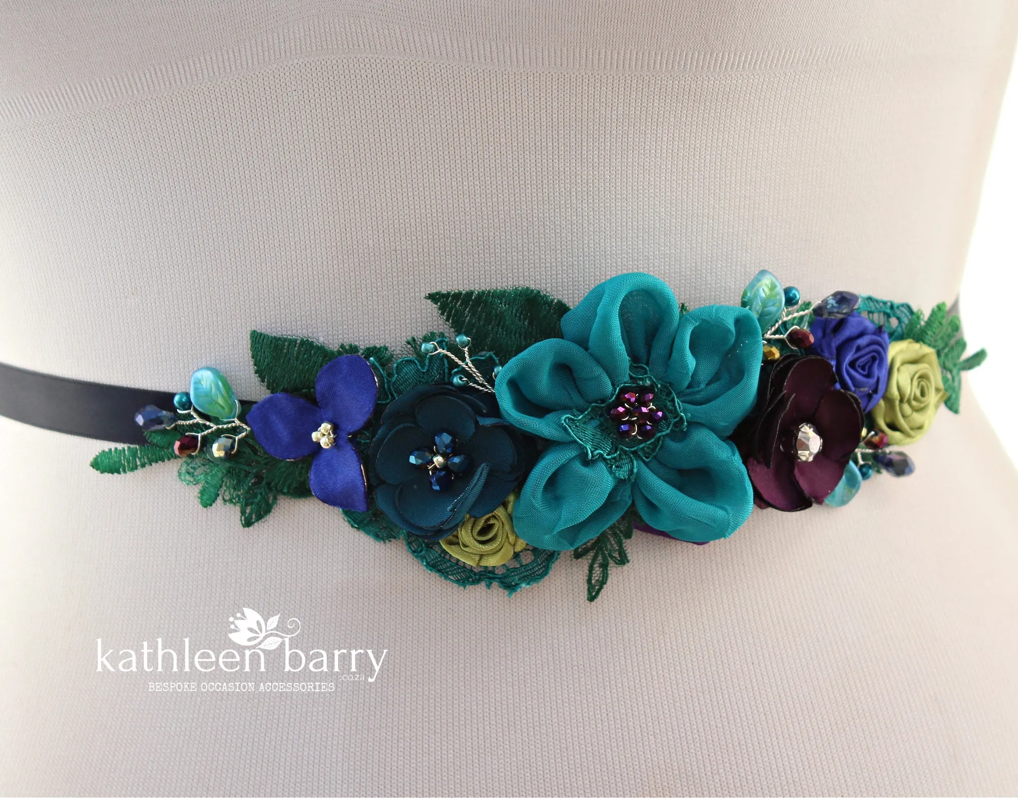 Peacock Wedding dress sash belt - floral with lace - Teal, indigo, emerald green, Ivory and cream - custom colors available