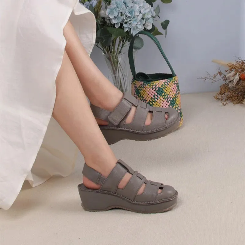 Retro Soft All Leather Woven Platform Gladiator Sandals In Beige/Gray/Black