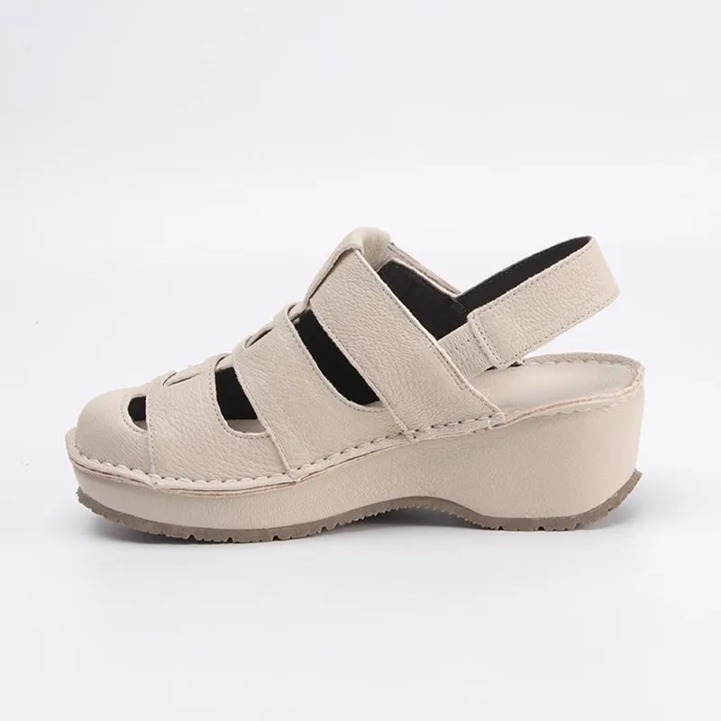 Retro Soft All Leather Woven Platform Gladiator Sandals In Beige/Gray/Black