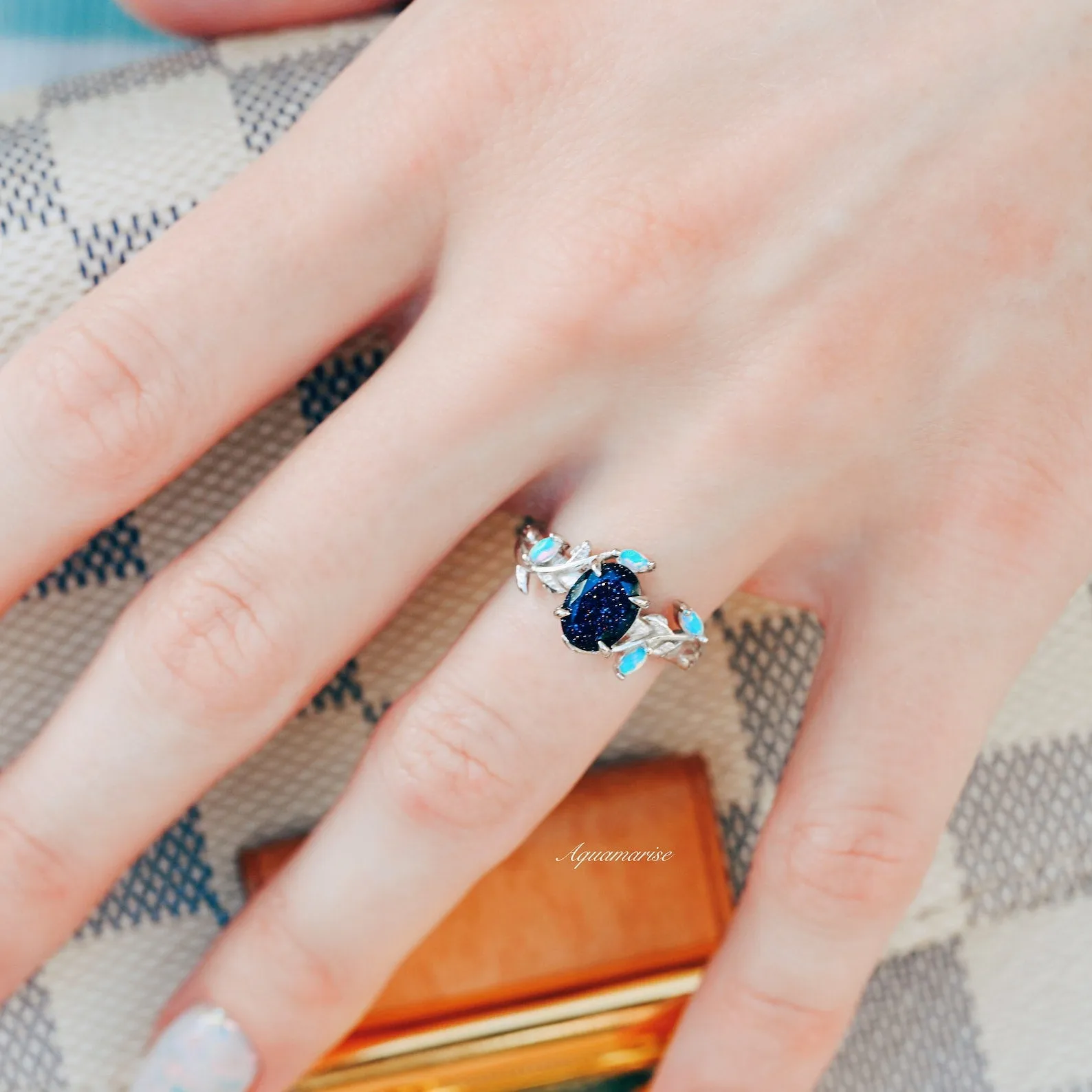 Starry Night & Australian Opal Leaf Ring- Sterling Silver