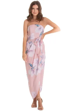 Women’s Blush Floral Strapless Dress With Ribbon Belt