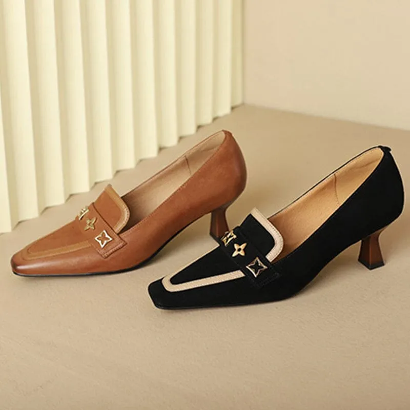 Womens Handmade Leather Square Toe Kitty Heel Slip On Pumps in Brown/Black