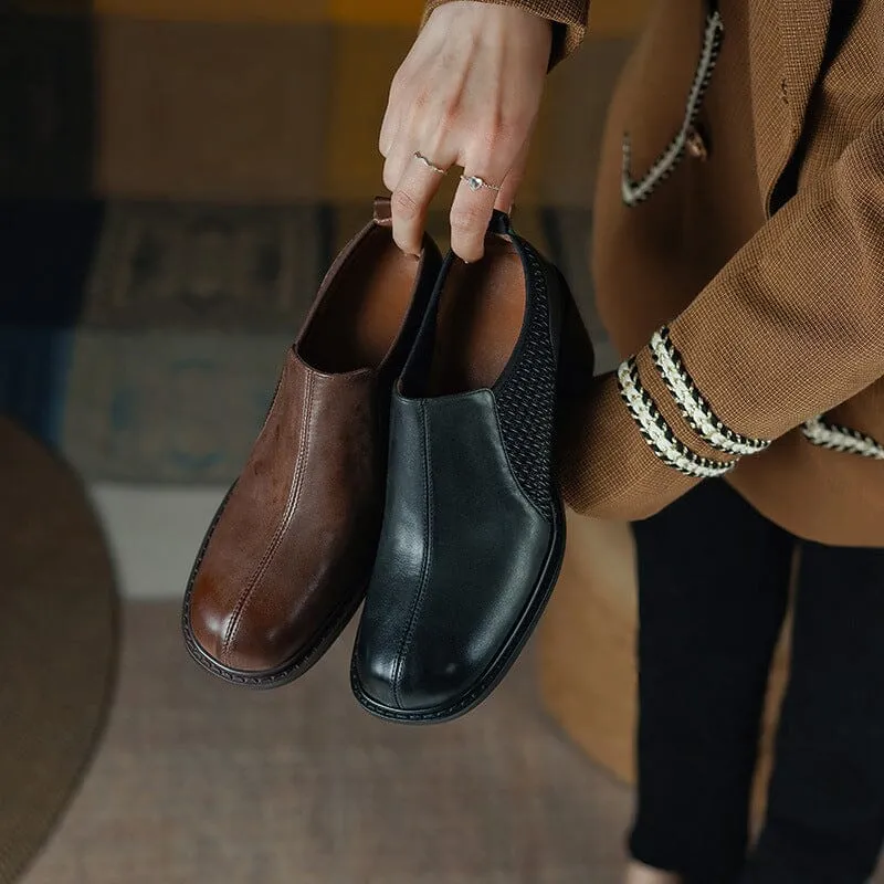 Women's Handmade Sheepskin Retro Square Toe Block Mid Heel Pumps in Black/Brown